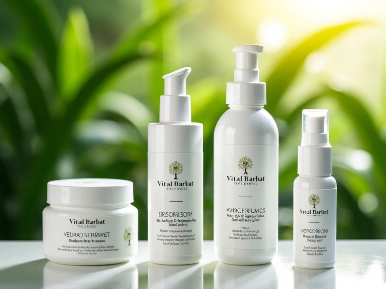 Produse Vitalbarbatbf aranjate estetic cu frunze verzi în fundal